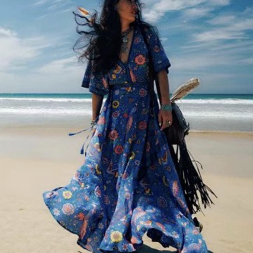 R. Vivimos Blue Floral Kimono Sleeve Bohemian Midi Dress, Small - Picture 4 of 11